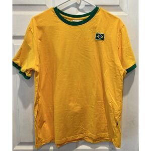 VTG Ace Brazil Brasil 10 Soccer Ringer T-Shirt Mens Large Yellow Green World Cup